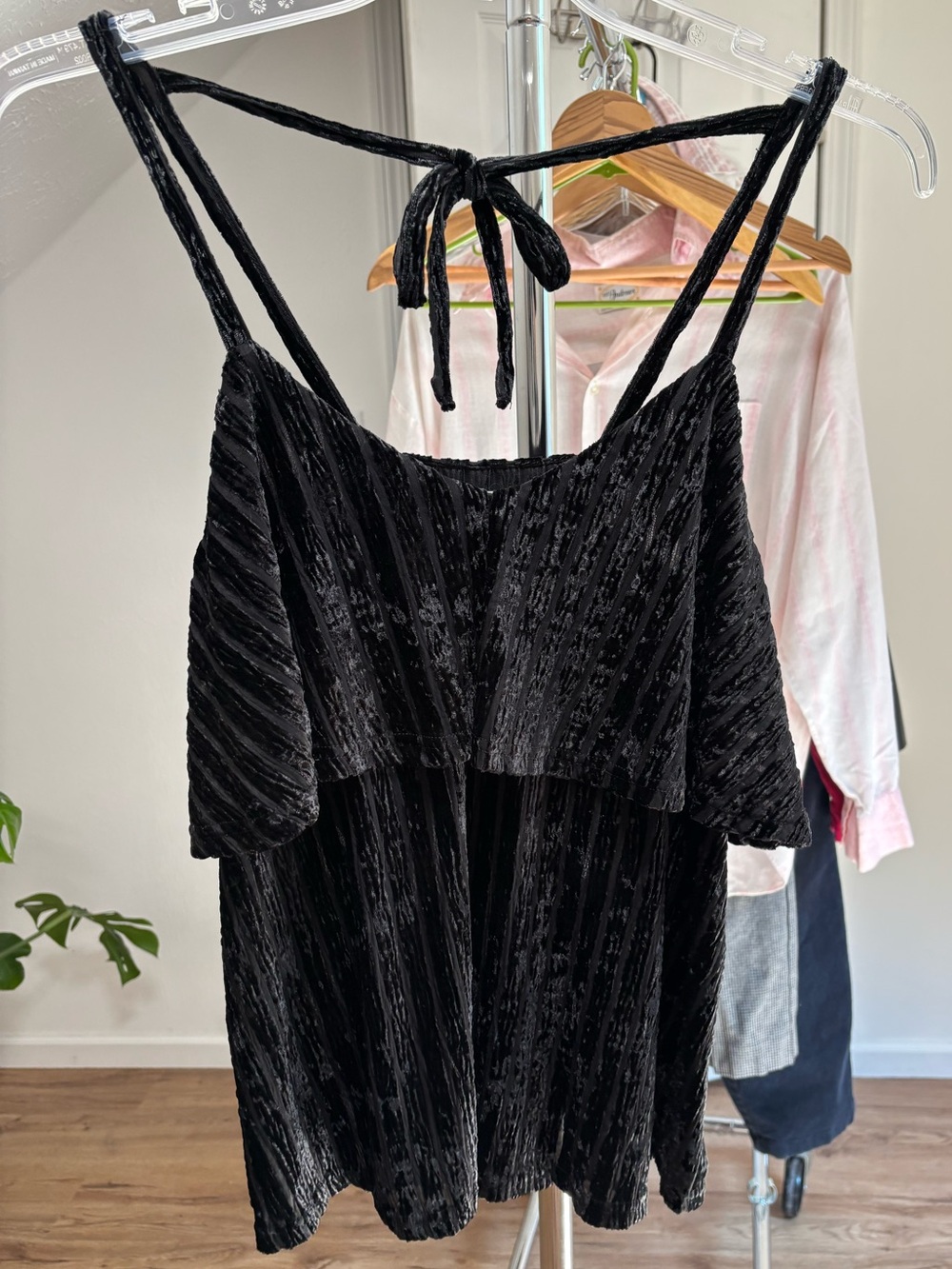 Dark boho velvety striped tank top with tie in back, medium